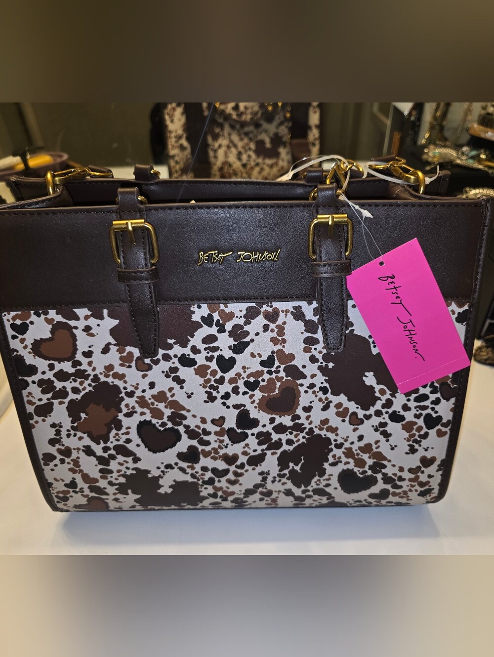Betsey Johnson Brown and White Leopard Heart Satchel